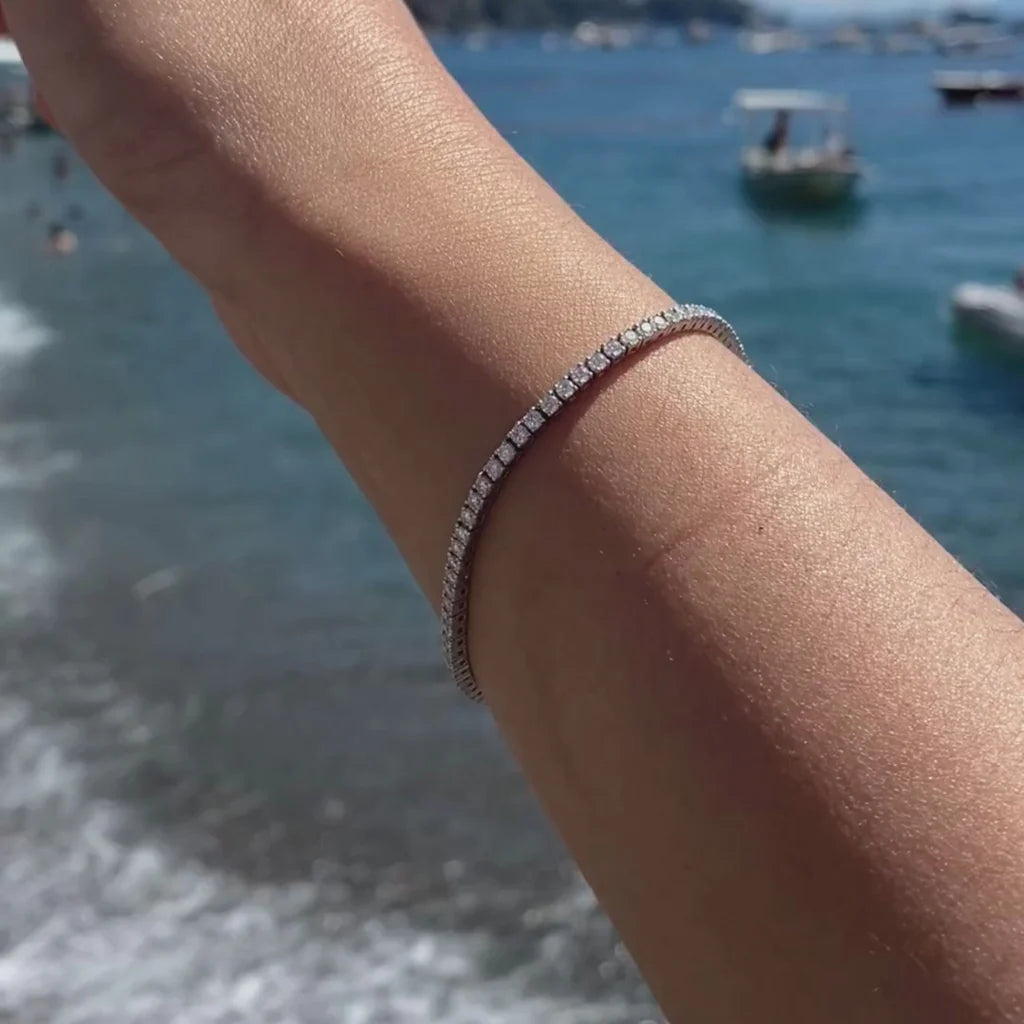 Pulseira Riviera Moissanite 2mm em Prata Banhada à Ródio