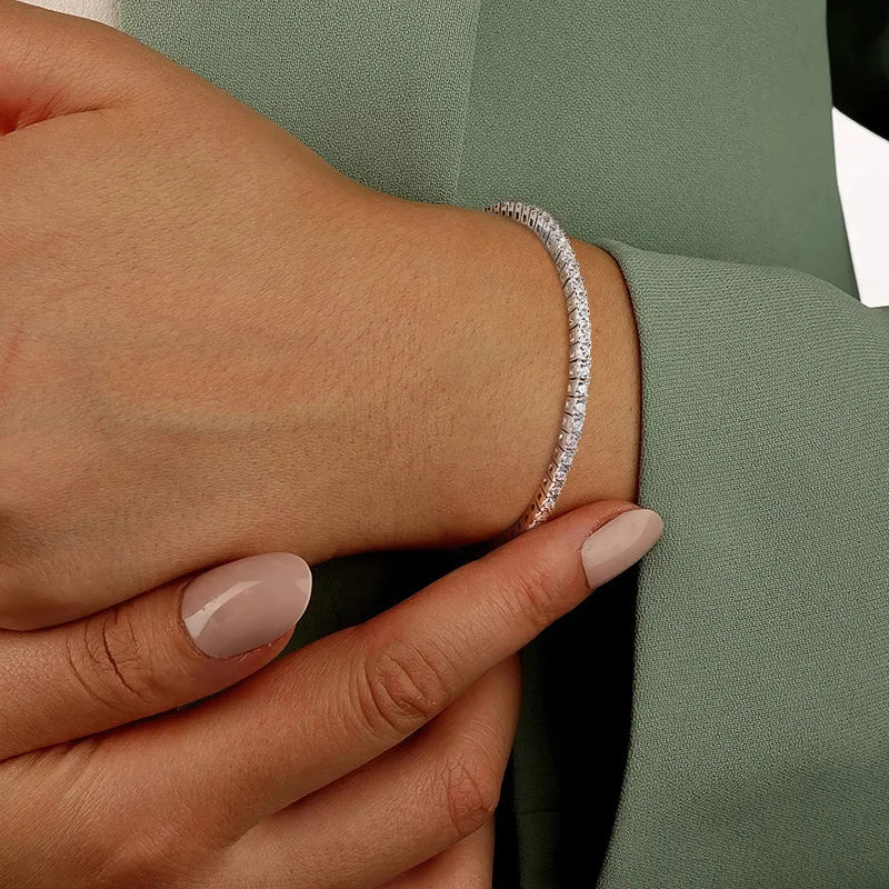 Pulseira Riviera Moissanite 2mm em Prata Banhada à Ródio