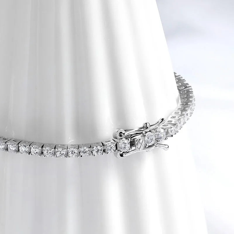 Pulseira Riviera Moissanite 2mm em Prata Banhada à Ródio