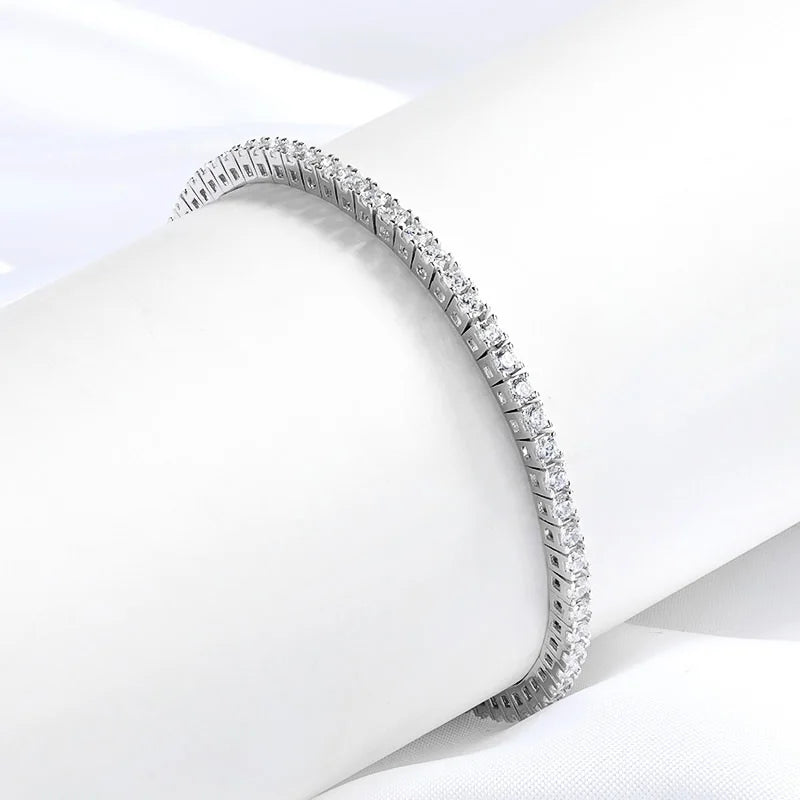 Pulseira Riviera Moissanite 2mm em Prata Banhada à Ródio