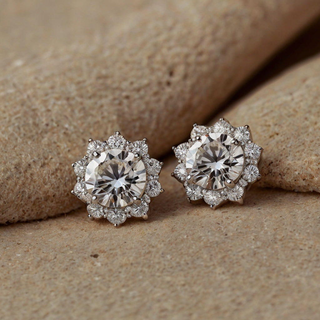 Brinco Flor de Cristal Moissanites em Prata