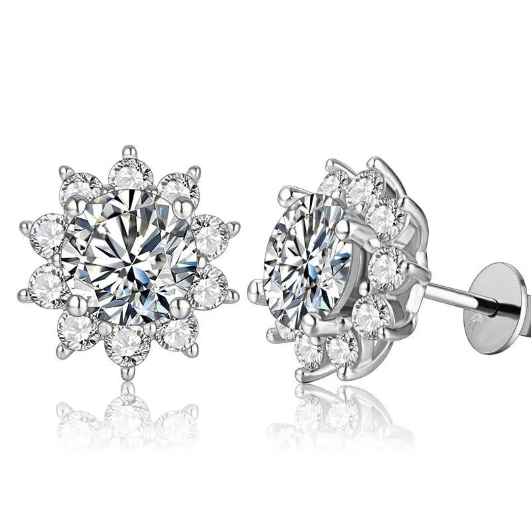 Brinco Flor de Cristal Moissanites em Prata - Loratta 