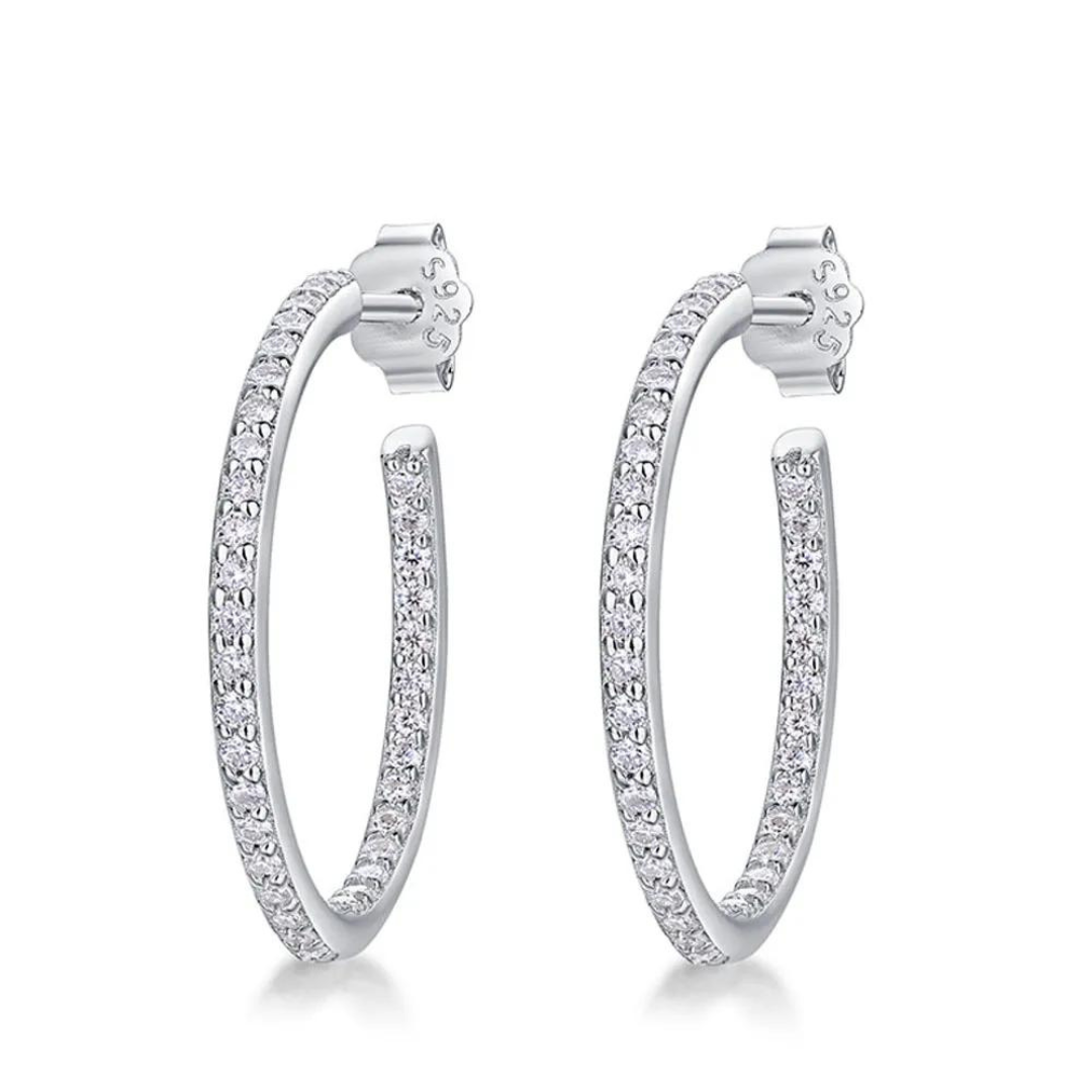 Brinco Argola Cravejado em Moissanites Folheado à Ouro Branco 18k - Loratta 